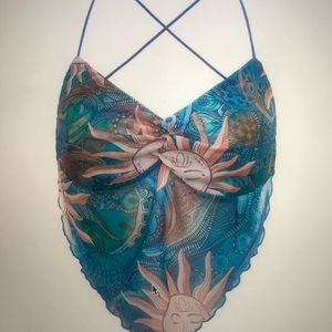 SHEIN paisley & cartoon graphic criss cross backless Bandana hem mesh cami top